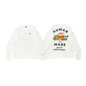 Human Made White LS Tee with Fire Tiger Back Graphic